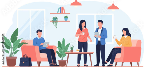 Four colleagues in a modern office lounge area discussing work on tablets