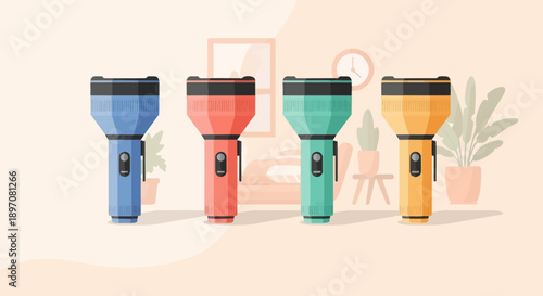 Four colorful flashlights stand in a room with plants