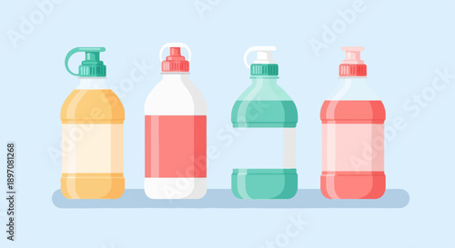 Four colorful plastic bottles with varying liquid colors and caps