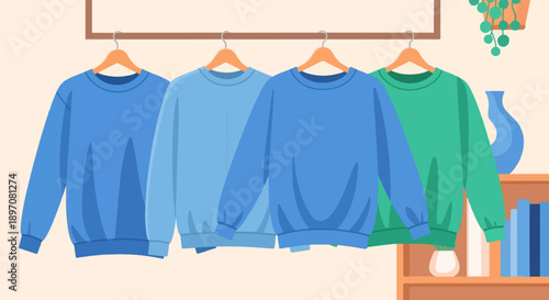 Four colorful sweaters displayed on hangers in a room setting