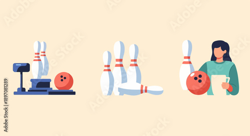 Flat illustration of bowling pins, ball, and a woman holding a clipboard