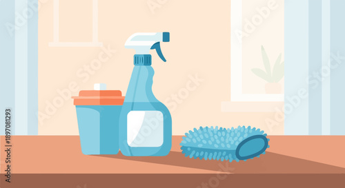 Flat illustration of cleaning supplies spray bottle, bucket, and brush