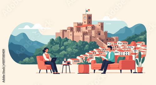 Flat illustration of people relaxing in front of a historic castle town