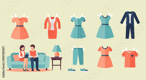 Flat illustration of people with paper doll clothes, couch, table, lamp, and shoes