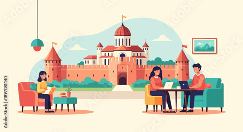 Flat illustration of people working and reading in front of a castle