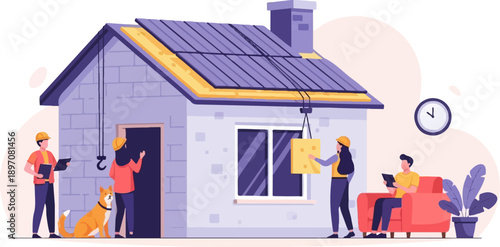 Flat illustration of people working on a house, a dog watches