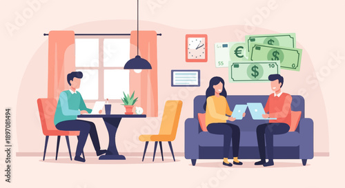 Flat illustration of people working on laptops and discussing finances in a room