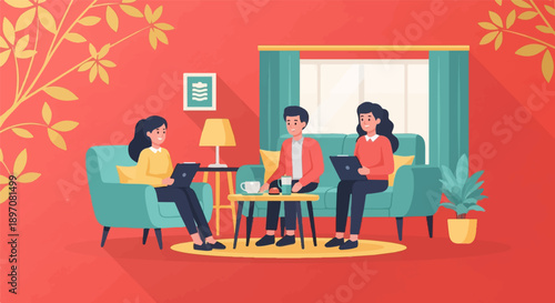 Flat illustration of people working remotely from home in a cozy living room