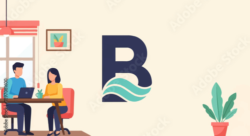 Flat illustration of two people collaborating at a table near a window