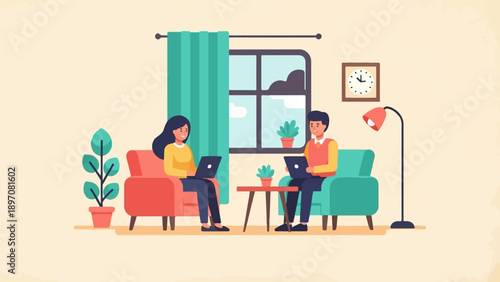 Flat illustration of two people working on laptops in a cozy room