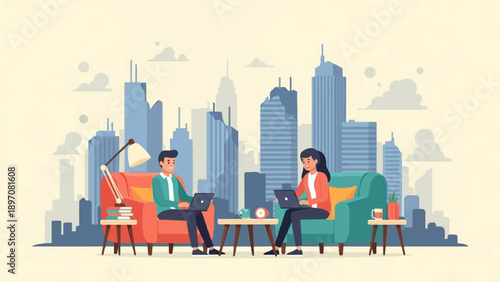 Flat illustration of two people working on laptops in a cozy living room with city skyline