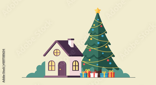 Festive house scene with a decorated Christmas tree and gifts