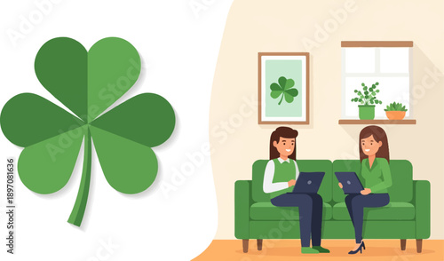 Flat illustration of two women working on laptops on a couch with shamrock decor