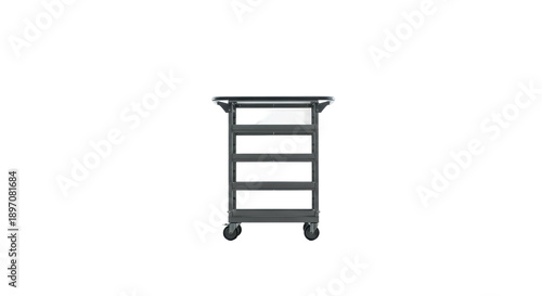 Detailed metal utility cart with shelves and rolling casters isolated on white background