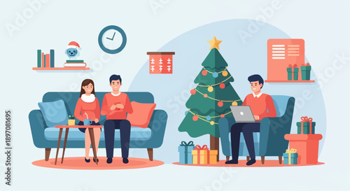 Festive living room scene with people and Christmas tree decorations