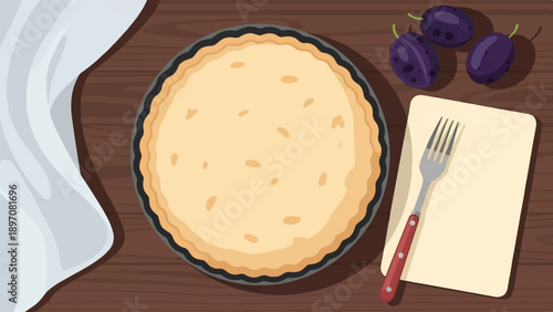 Flat lay of a pie crust, plums, and fork on a wooden table with a cloth
