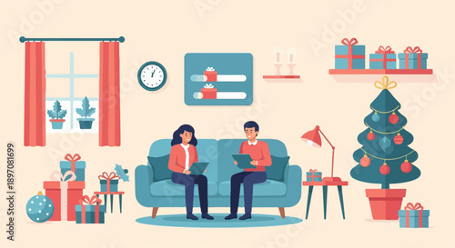Festive living room with couple, Christmas tree, and gifts
