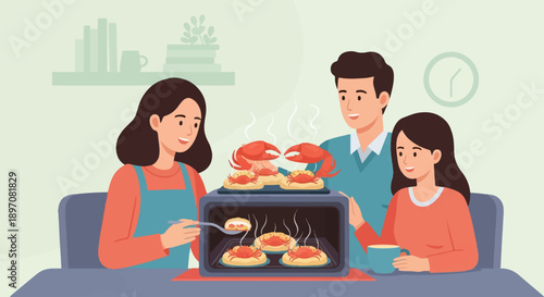 Family preparing a delicious crab meal in a modern kitchen setting
