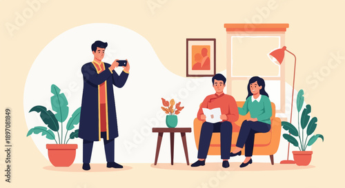 Family photoshoot in a cozy living room with a photographer