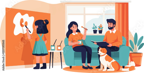 Family painting at home with dog companion