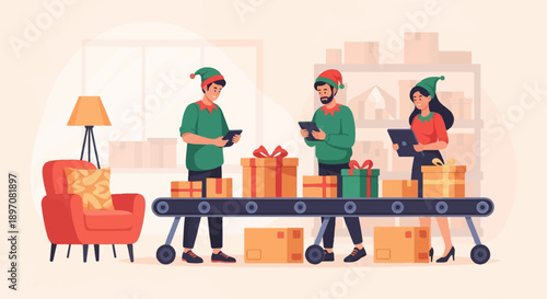 Elves on conveyor belt packing gifts for distribution