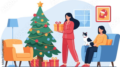 Festive scene of people and pets gathered around a decorated Christmas tree