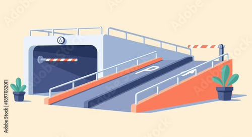 Entrance to a multi-level parking garage with ramp and barrier