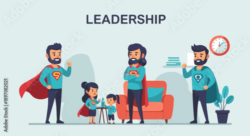 Diverse super-powered family members in a stylized room setting