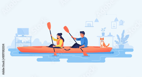 Duo kayaking with a dog companion in a surreal, indoor-outdoor scene