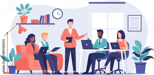 Diverse team collaborates in a modern office space, engaging in discussions and using technology