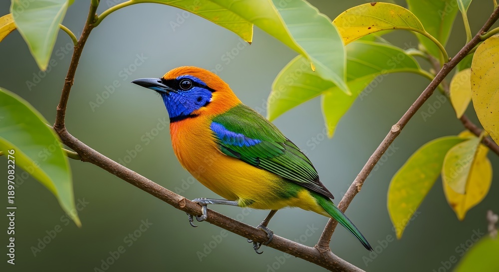 Obraz premium Vibrant bird perched on a branch amidst lush foliage