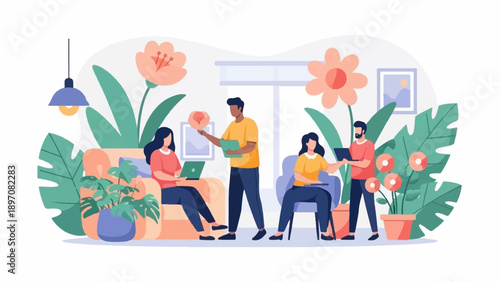 Diverse group collaborating in a bright, plant-filled indoor space
