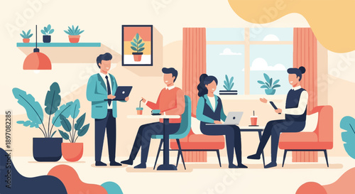 Diverse group collaborating and working on laptops in a bright cafe