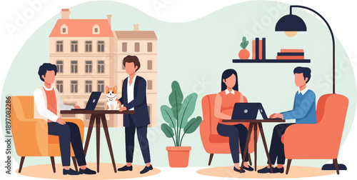 Diverse group collaborating in a cafe with a cityscape backdrop