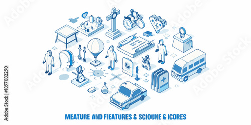 Isometric illustration featuring various objects vehicles furniture and symbols