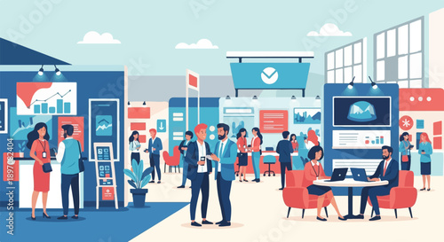 Diverse group interacting at business exhibition, showcasing displays and digital content
