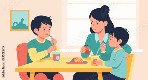 Family mealtime with drinks and food