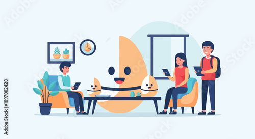 Diverse group interacts using digital devices in a casual indoor setting