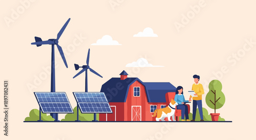 Eco-friendly farm with wind turbines, solar panels, people, and a dog