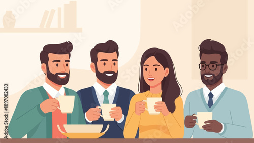 Diverse group of four friends smiling and holding mugs, indoors, enjoying a conversation