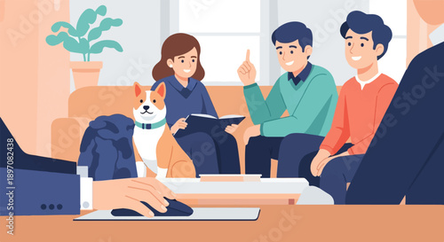 Diverse group meeting with a corgi, discussing ideas in a casual setting