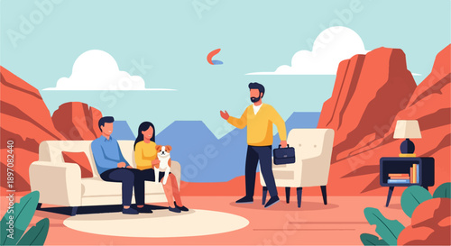 Family meeting with a professional, dog, indoors, desert landscape