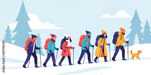 Diverse group of hikers with backpacks and poles traverse a snowy landscape