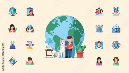 Diverse group of people and animals interact with world icons, representing global connectivity