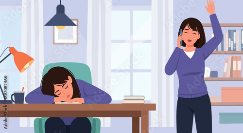 Exhausted woman sleeps at desk while energetic colleague waves and talks on phone