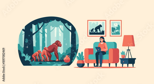 Evolution of beings from forest primates to modern humans in a room