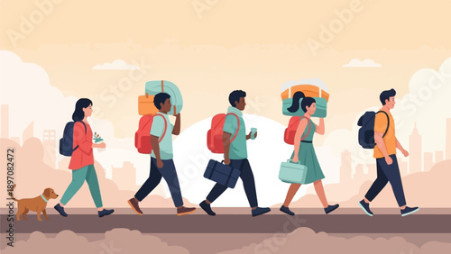 Diverse group of people and dog walk with luggage and backpacks