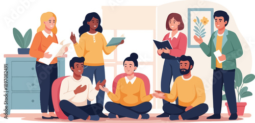 Diverse group of people gathered, some sitting, some standing, engaged in discussion and learning