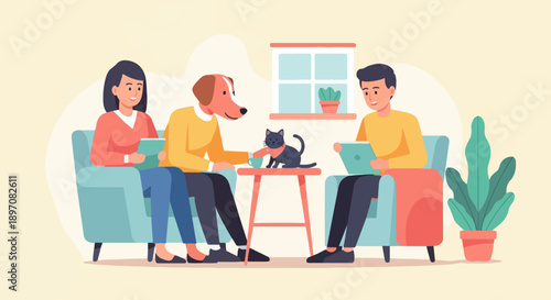Diverse group with pets relaxing indoors with modern decor