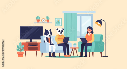 Diverse group working on laptops in a cozy, modern living room setting